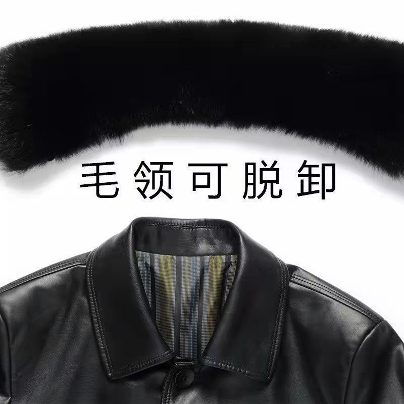 [Long leather coat] Imported leather men's lapel fur integrated medium and long leather coat thickened knee leather coat