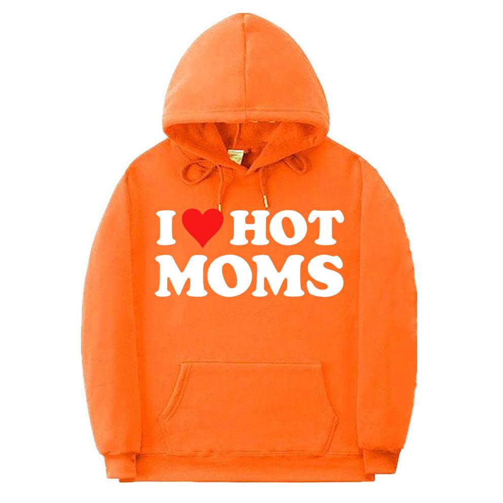 Толстовка с принтом I Love Hot Moms, уличная одежда, забавные толстовки с красным сердцем Love Moms, унисекс, женская мода, повседневная толстовка унисекс, черная одежда