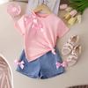 Girls' Casual Suit Summer Children's Fashion Round Neck Bow Short Sleeve Top Denim Shorts Two-piece Set