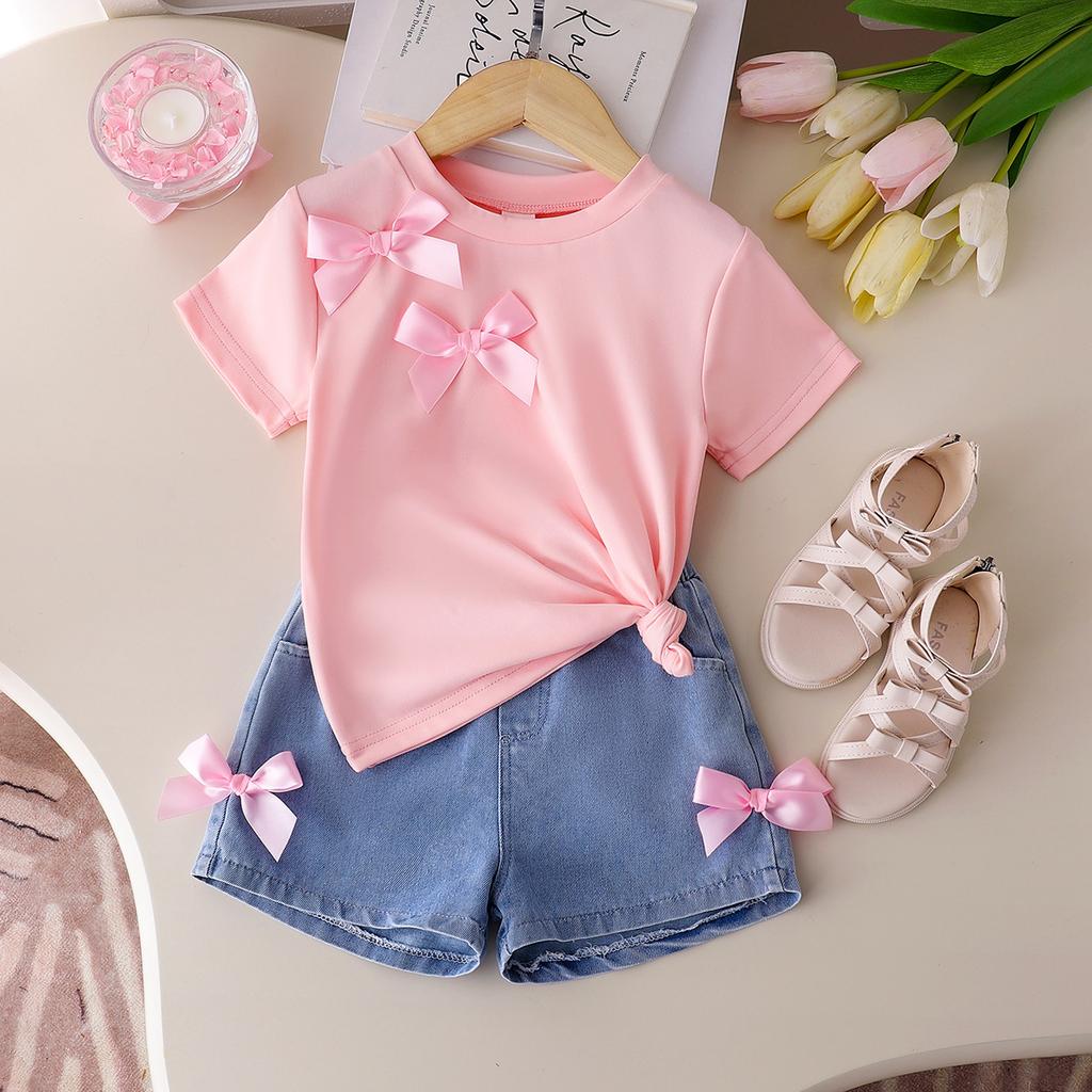 Girls' Casual Suit Summer Children's Fashion Round Neck Bow Short Sleeve Top Denim Shorts Two-piece Set