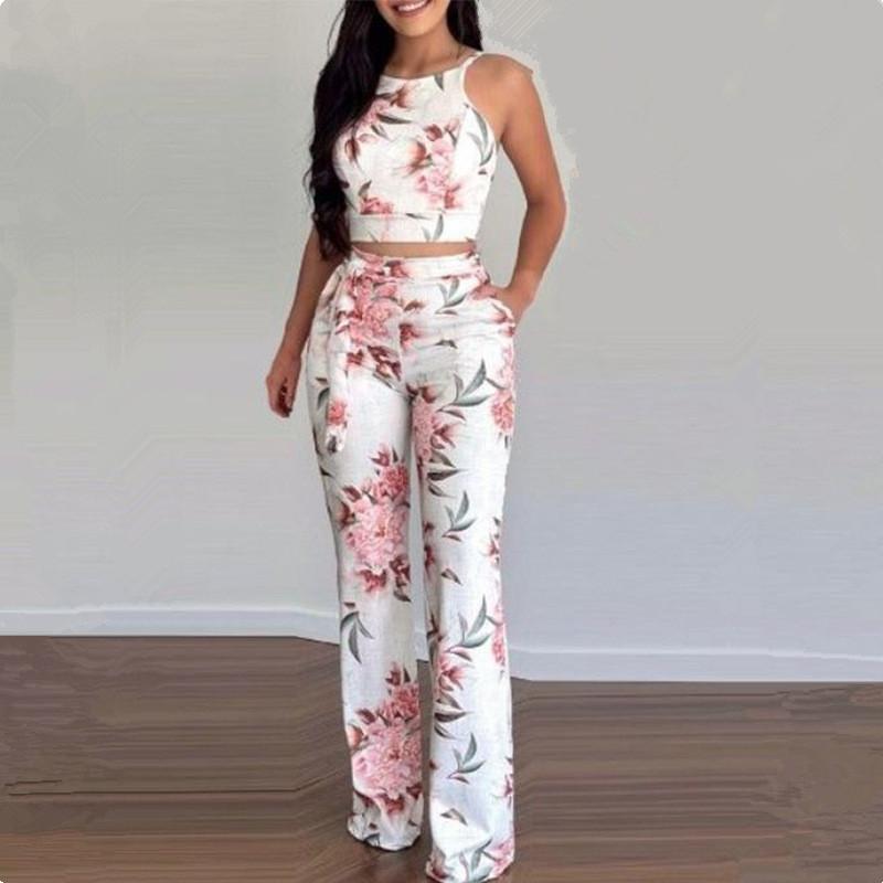 Женский повседневный летний комплект из двух предметов, пляжная одежда, укороченный топ с тропическим принтом листьев и широкие брюки с цветочным принтом, комплект