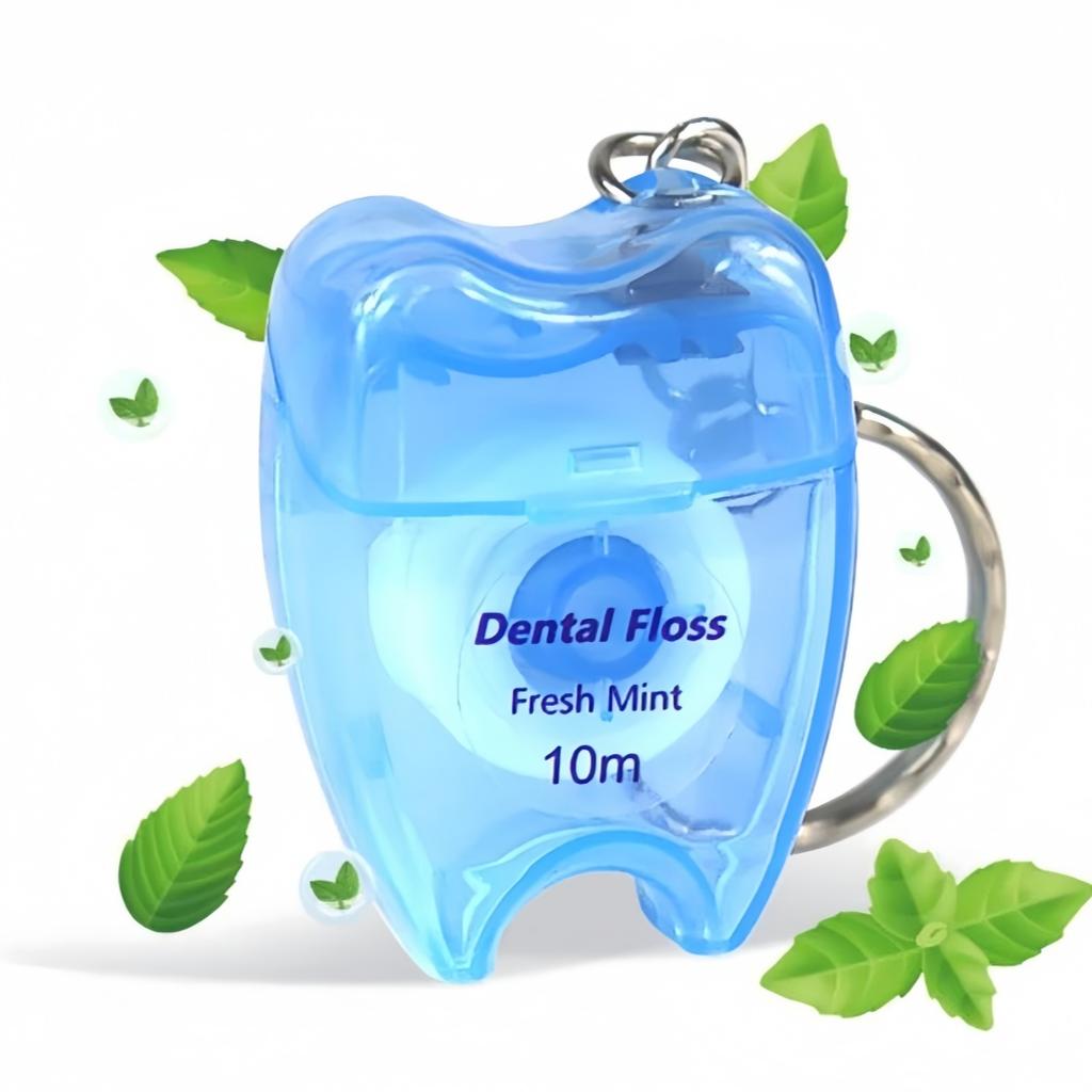 10pcs 10M Mint Flavored Dental Floss Roll Portable Keychain Tooth-Shaped Design Oral Hygiene Teeth Cleaning Tool Random Color