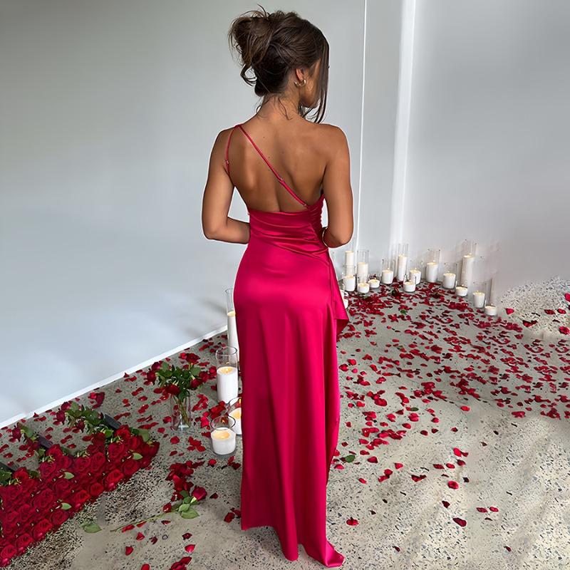 Summer New Design Temperament Sexy Slim Slant Shoulder Split Satin Dress Women