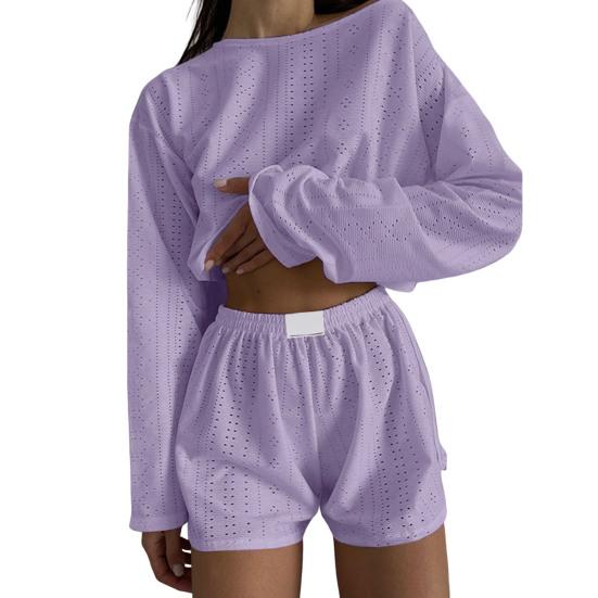 2 Pcs/Set Women Top Shorts Suit High Waist Shorts Hollow Out Loose Cropped Blouse Long Sleeves Solid Color Outfit for Sport Jogging Sleeping