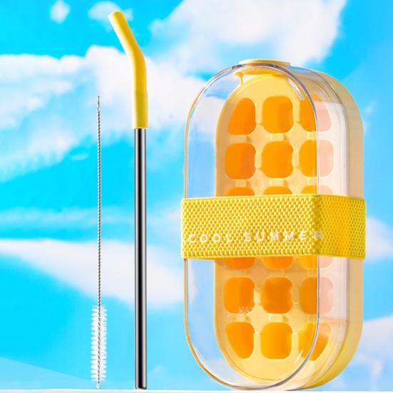 2-in-1 Water Bottle Ice Tray with Straw, One-Click Release, Portable Water Bottle Vertical Ice Cube Mold for Freezer