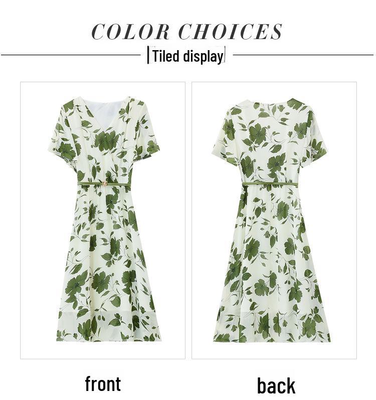 2024 Summer Women's High-End Chiffon Floral V-Neck Long Dress - Elegant, Slimming & Full Coverage Design