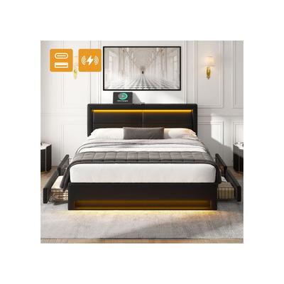 Мягкая кровать - - 140 x 200 см - с USB-портом - светодиодная подсветка - 4 ящика