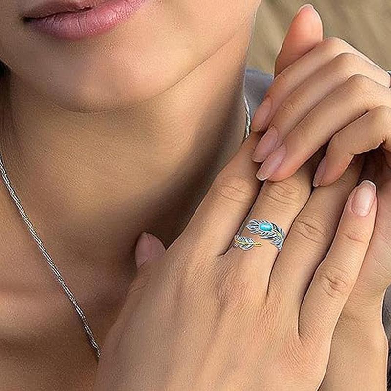 Feather Ring For Women, Imitation Turquoise Fashion Jewelry, Vintage Personalized Design Ring