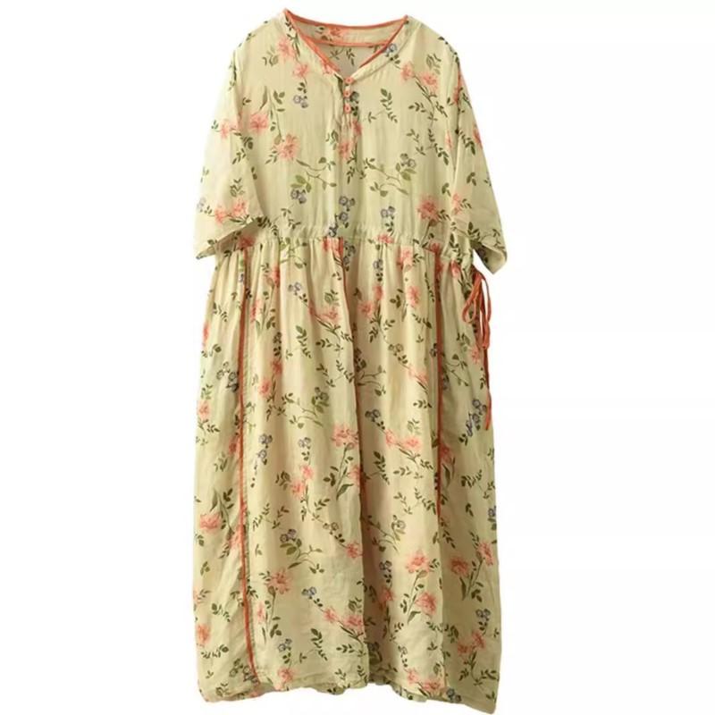 Johnature Женское винтажное платье с цветочным принтом и V-образным вырезом, коротким рукавом, высококачественное летнее повседневное мягкое платье А-силуэта