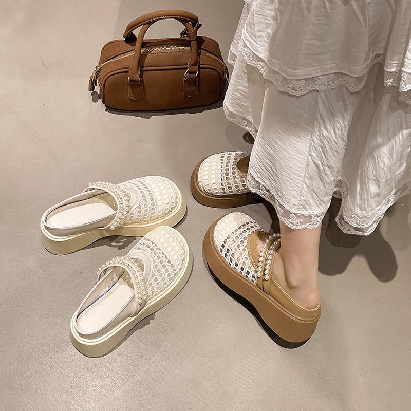 Женские летние модные сандалии с толстой подошвой, полушлепанцы с закрытым носком, легкие, увеличивающие рост, дышащие, с полым сетчатым верхом