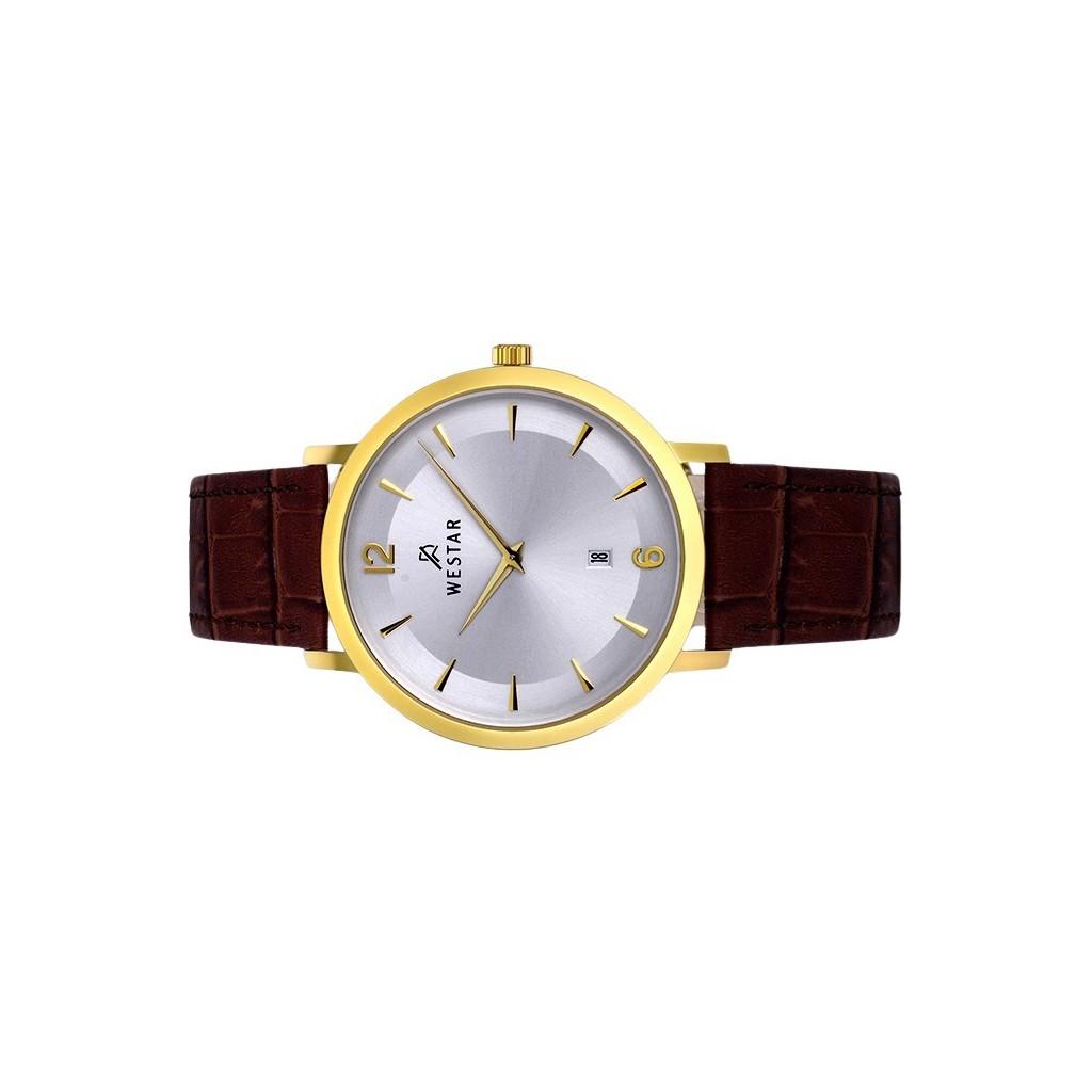 Westar Профиль кожаный ремешок Кварцевые мужские часы с серебряным циферблатом 50219GPN127