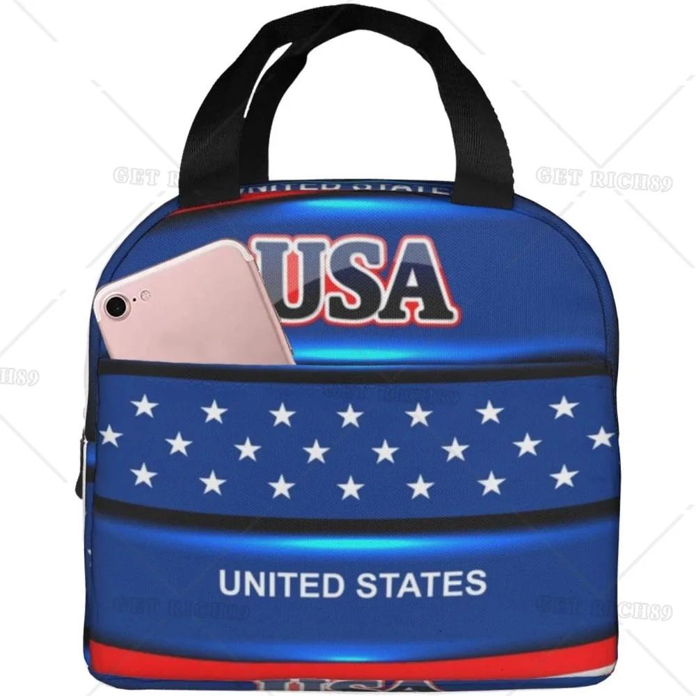 Сумка-тоут с американским флагом для обеда для женщин и мужчин, многоразовый изолированный контейнер для обеда-холодильника с карманом для работы в офисе