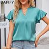 Женские модные летние повседневные однотонные футболки и топы с v-образным вырезом и короткими рукавами с принтом