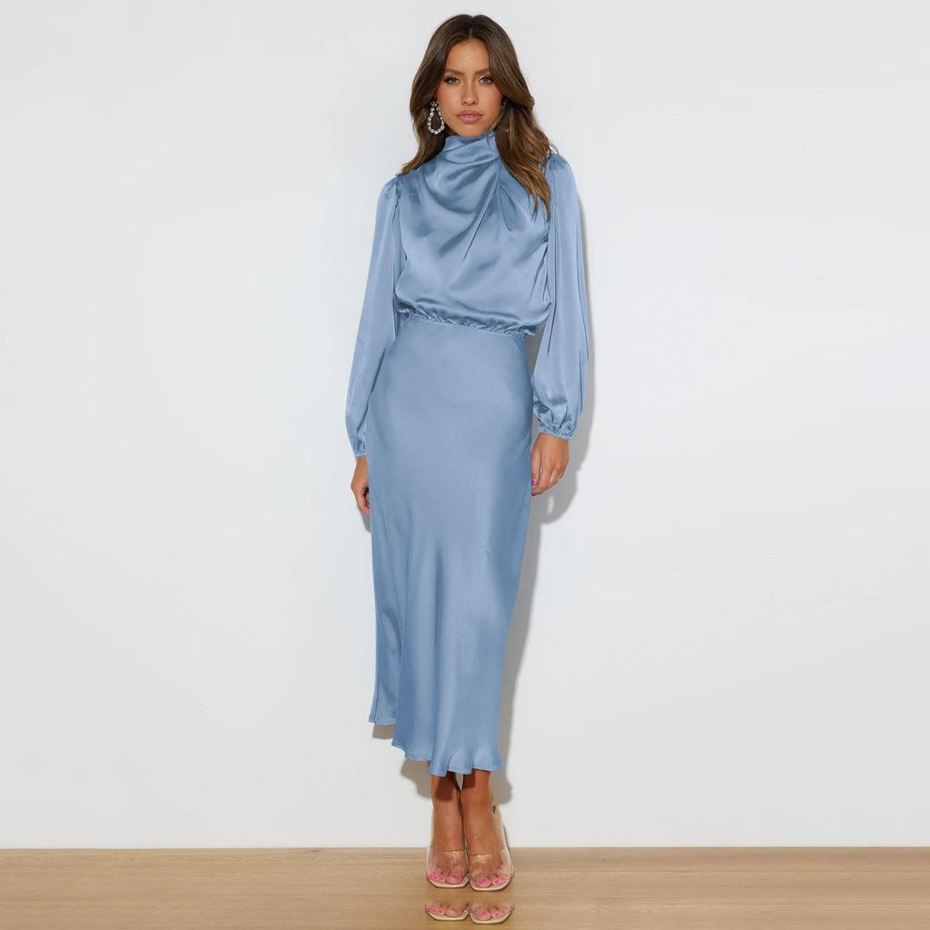 Женское весеннее вечернее платье с длинным рукавом-фонариком, элегантное длинное платье трапециевидной формы с бретелькой на шее и высокой талией, сплошной цвет