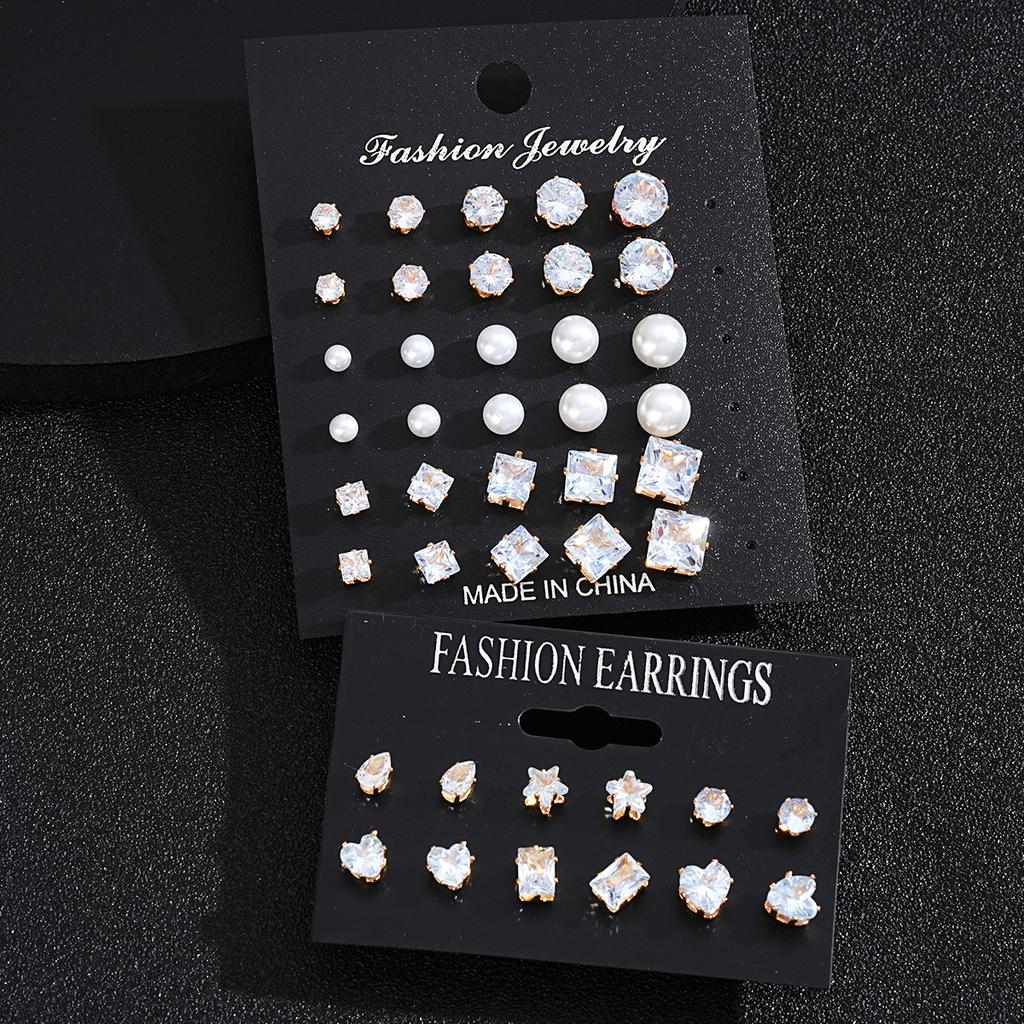 21 Pcs White Shiny Wedding Earrings Set For Women Men Fashion Vintage Crystal Star Heart Design Studs Trendy Jewelry Gifts 2024
