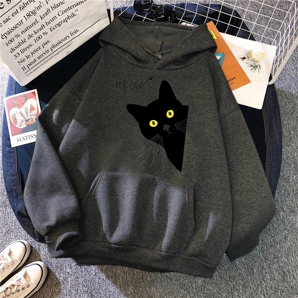 Мяу черный кот унисекс с капюшоном модные свободные толстовки унисекс с плотным принтом пуловер высокого качества уличная теплая спортивная одежда