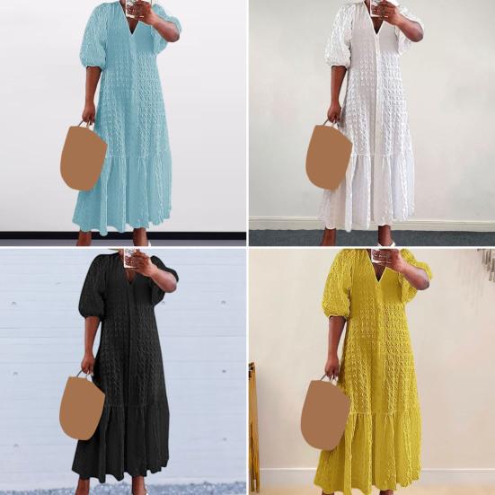 Женское летнее платье с V-образным вырезом и половиной рукавов, сплошной цвет, свободное трапециевидное лоскутное платье с рюшами до щиколотки, однобортное пляжное платье макси больших размеров