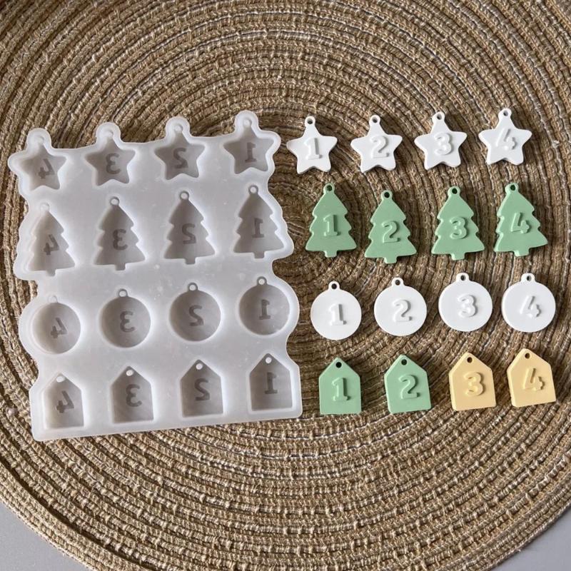 Christmas Number Flag Pendant Silicone Mold Christmas Series Digital Hang Tag Hanging Gypsum Molds Xmas Tree Star Casting Mold