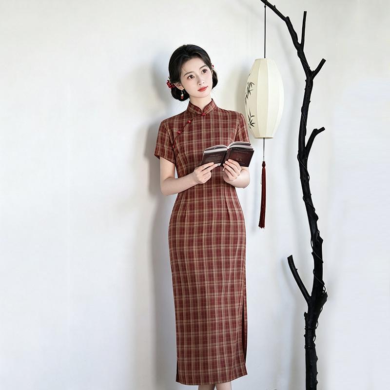 Red plaid national style new Chinese style Suzhou daily long cheongsam improved young 1011 new women's high sense
