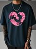 Men Summer Oversized T Shirt Pink Heart Cat Graphic Tee Casual Hip Hop Loose Short Sleeve Streetwear Fashion Daily Top