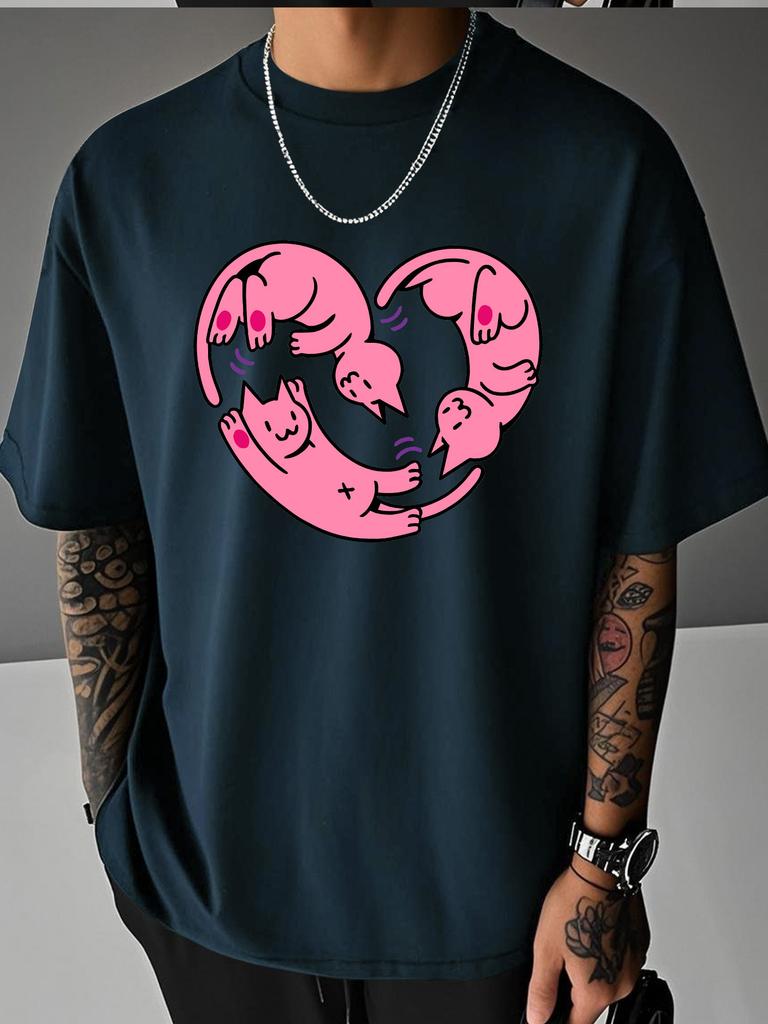 Men Summer Oversized T Shirt Pink Heart Cat Graphic Tee Casual Hip Hop Loose Short Sleeve Streetwear Fashion Daily Top