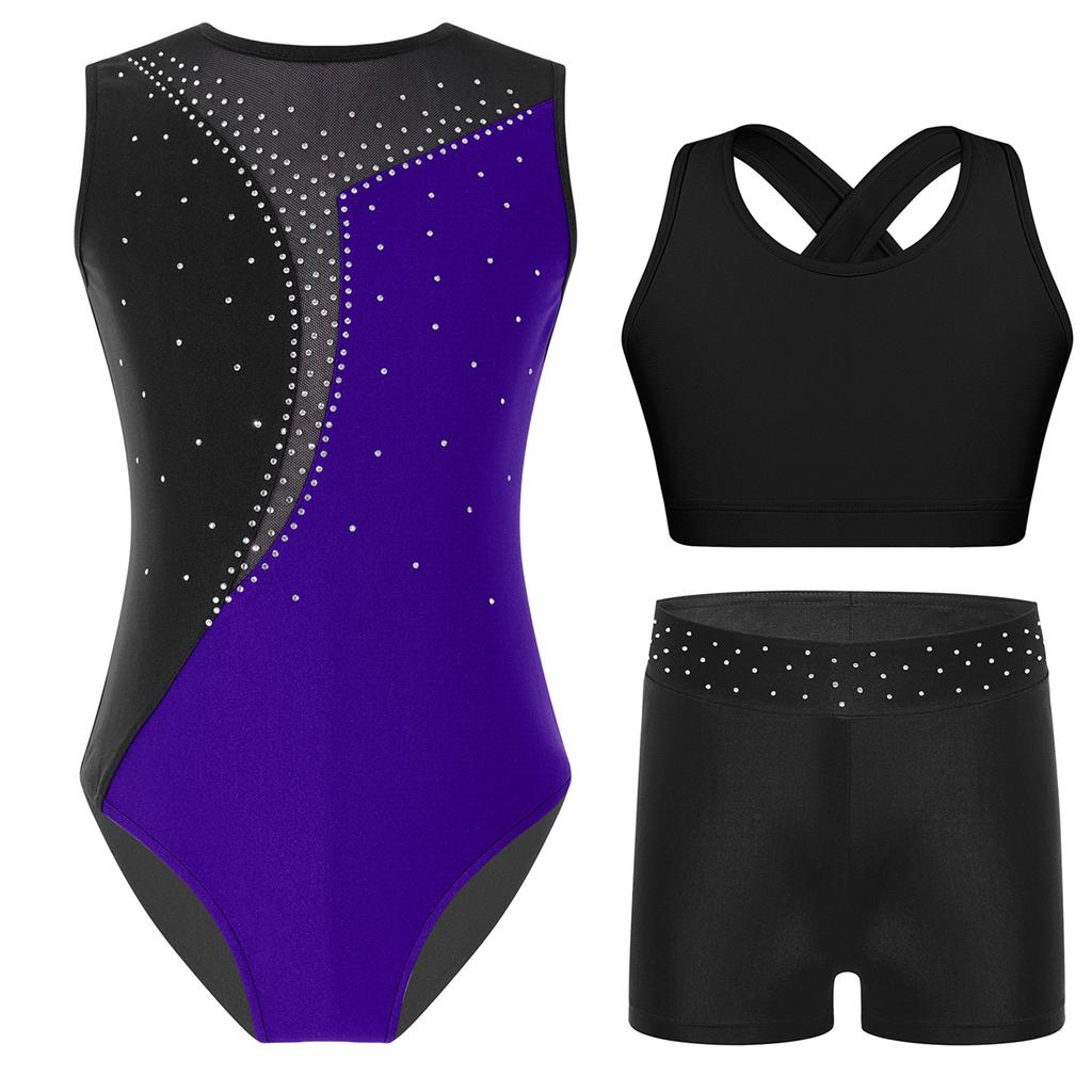 Girls Sleeveless Dance Set Shiny Rhinestone Contrast Color Gymnastics Leotard with Shorts and Top
