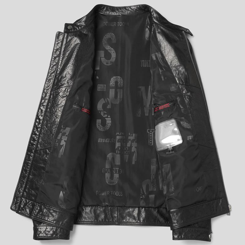 Genuine Leather Jacket Men's Slim-fit Waxed Calfskin Stand-up Collar Spring and Autumn Youth Jacket Leather Jacket Men's New Genuine Leather