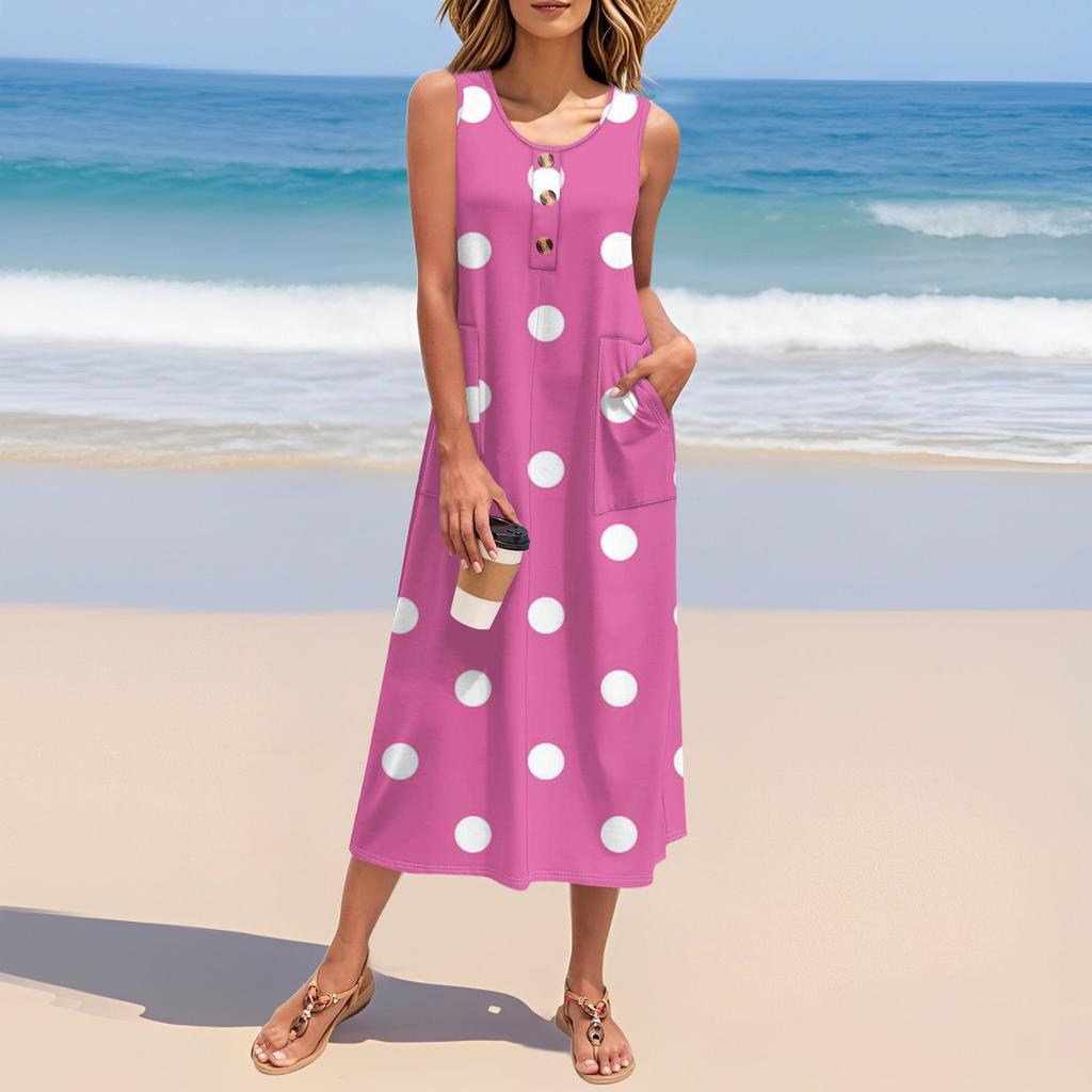 Women's Summer Polka Dot Print Dress Sleeveless Button Down Casual Loose Long Beach Sundress