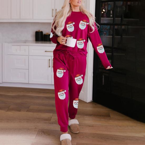 2 Pcs/Set Women Fall Winter Set Christmas Tree Snowman Santa Print Sequin O Neck Long Sleeve Top Elastic Waist Pants Set New Year Holiday Party