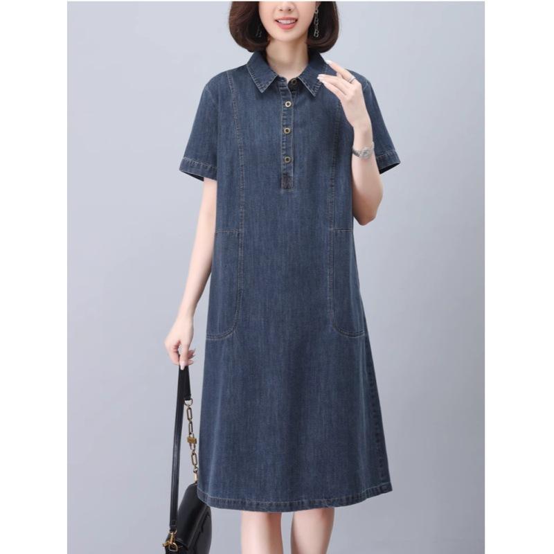 2025 лето новый свободный большой размер интеллектуальный средний и длинный воротник ПОЛО показывает тонкий темперамент иностранный джинсовый платье женщины