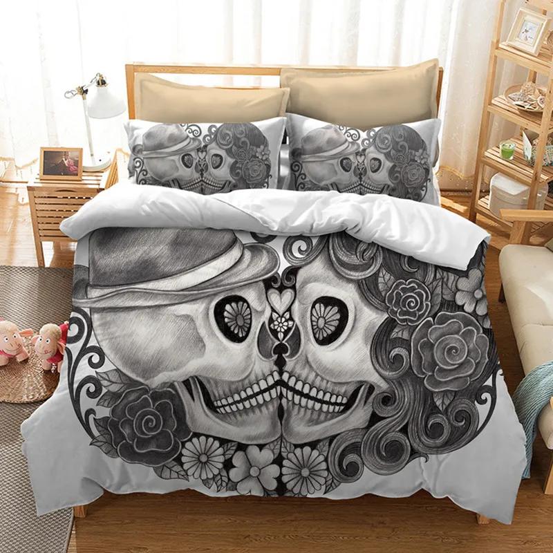 Комплекты постельного белья Sugar Skull King Beauty Kiss Skull, пододеяльник, комплект постельного белья Bohemian Print, черное постельное белье Queen Size