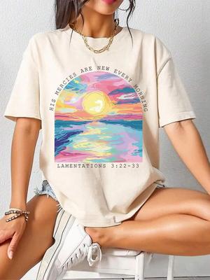 Красочная масляная живопись Дизайн Солнце Пляж Женские футболки Хлопковая повседневная футболка Летняя футболка с круглым вырезом Уличная одежда Мягкие топы оверсайз
