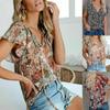 Elegant Womens Summer V Neck Short Sleeve T Shirt Featuring Vibrant Floral Print Design