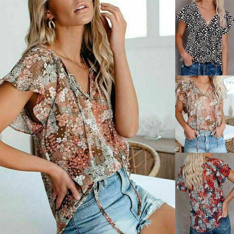Elegant Womens Summer V Neck Short Sleeve T Shirt Featuring Vibrant Floral Print Design