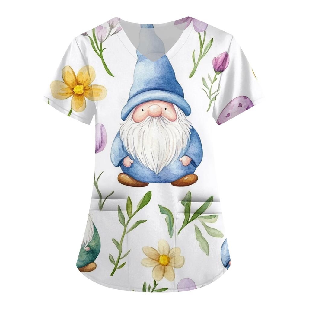 Женская модная рабочая одежда с V-образным вырезом и короткими рукавами, с карманами, с принтом в виде пасхального топа, одежда для ухода