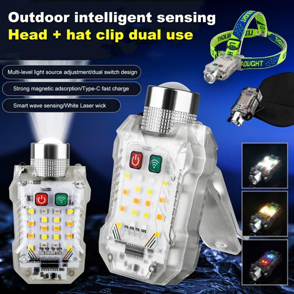 Светодиодный фонарик с зажимом для шляпы Type-C, перезаряжаемый портативный фонарик с датчиком движения, многофункциональный фонарь 6000 лм для ночной рыбалки