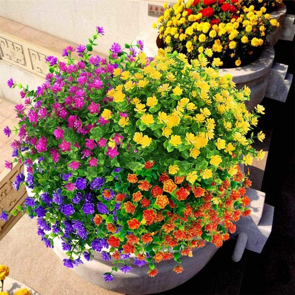 6 Bundles Artificial Flowers UV Resistant Fake Plants Faux Plastic for Indoor Outdoor Hanging Plants Garden Porch Window Box Home Wedding Decor