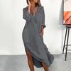 Women Summer Lapel V Neck Shirt Dress Solid Color Pockets Design Side Split Loose Fit Thin Midi Dress Beach Holiday Dress