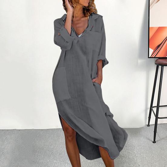 Women Summer Lapel V Neck Shirt Dress Solid Color Pockets Design Side Split Loose Fit Thin Midi Dress Beach Holiday Dress