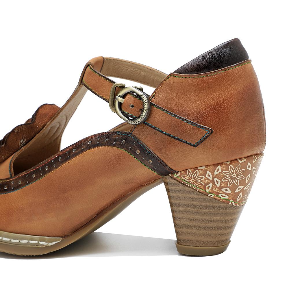 Johnature Туфли-лодочки в стиле ретро. Женская обувь. Натуральная кожа. Винтажные туфли Мэри Джейн с ручной росписью и цветами. Туфли на высоком каблуке.