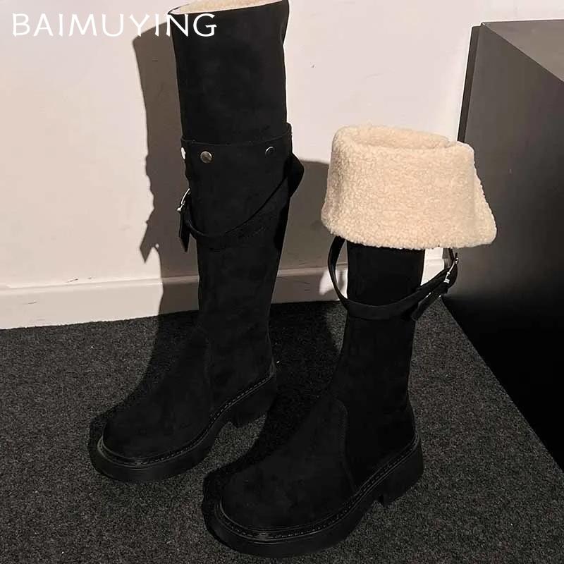 Замшевые женские высокие сапоги на меху, толстые, теплые, на среднем каблуке, женские туфли 2024 года, трендовые зимние туфли-лодочки, элегантные дизайнерские туфли для ходьбы, зимние ботинки Mujer