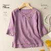 2024 Women's Retro Embroidered Cotton-Linen Three-Quarter Sleeve T-Shirt