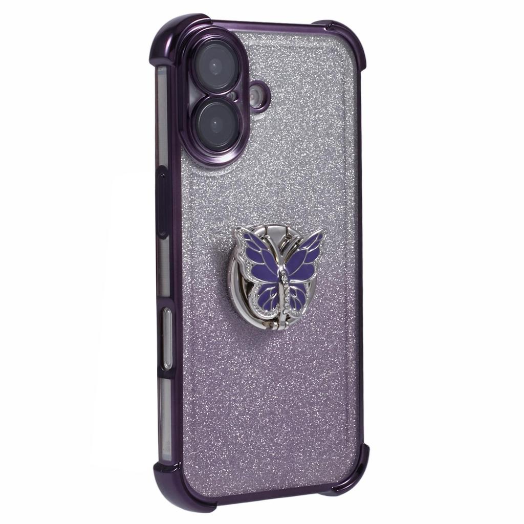 For iPhone 16 Case Butterfly Kickstand Glitter TPU Shockproof Phone Cover - Blue