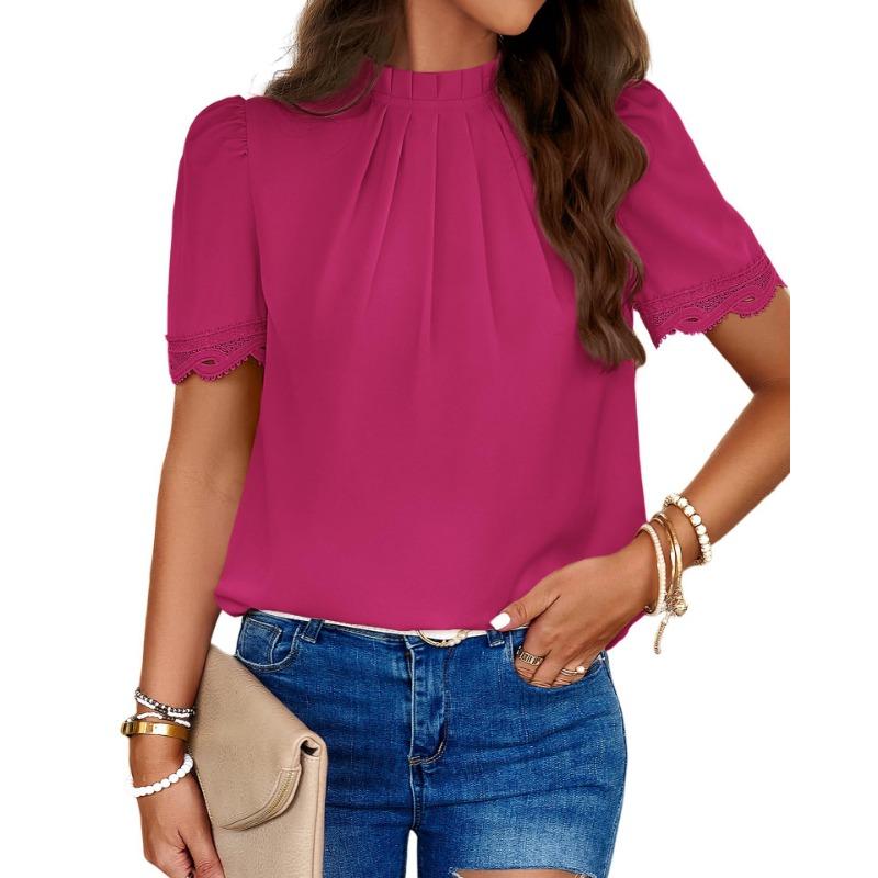 YYFS Женские модные повседневные летние весенние однотонные блузки и рубашки с короткими рукавами и круглым вырезом с принтом