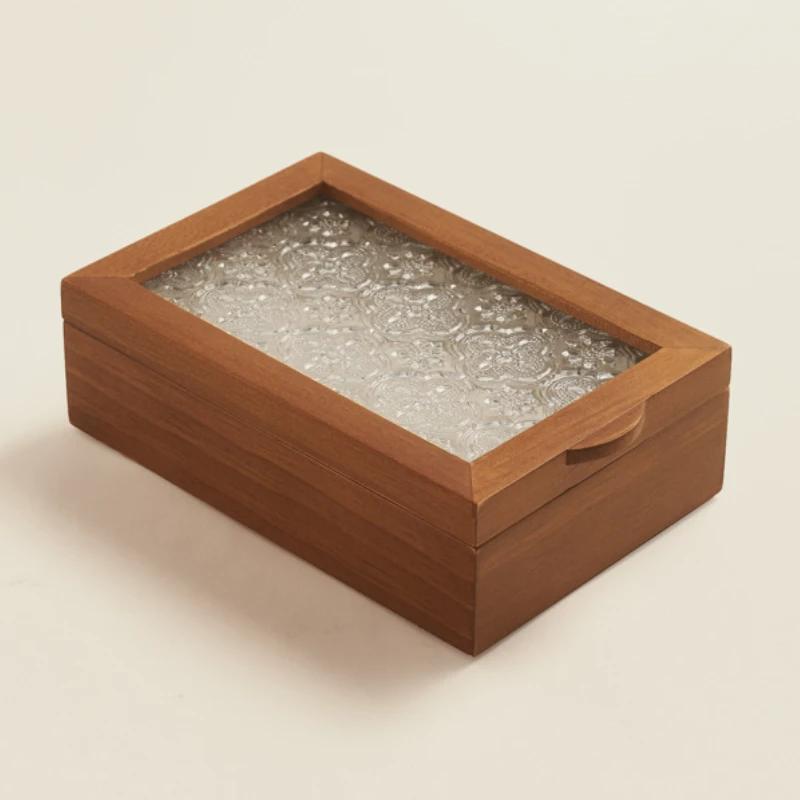 Solid Wood Ring Earrings Storage Jewelry Box Luxury Transparent Glass Cover Jewelry Organizer Aesthetic Display Boxes Bracelet Packaging Boxes Gifts