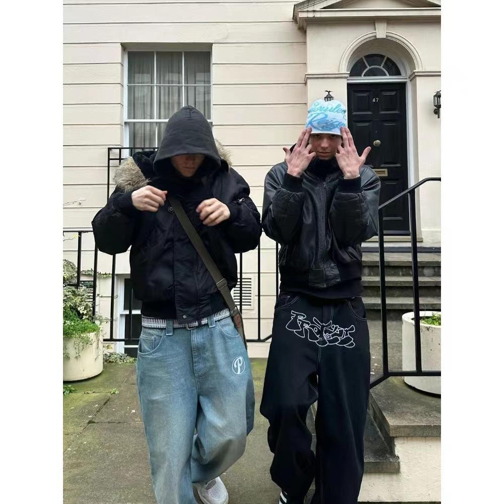 Vintage Blue Baggy Jeans High Waist Streetwear Jeans Y2K Mens Pants Harajuku Hip Hop Letter Embroidery Wide Leg Trouser Plus Size