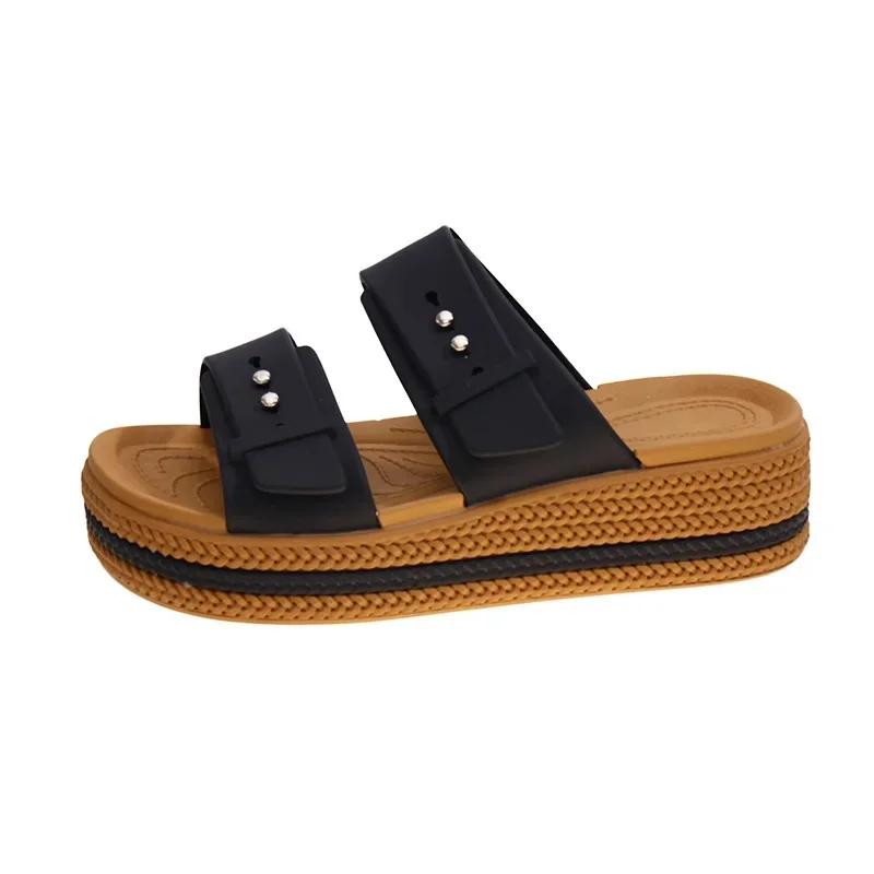 Fashion Thick Heel Sandals Women's Summer Outdoor Casual Double Buckle Beach Slippers Comfortable Lazy People Design Sensation PVC