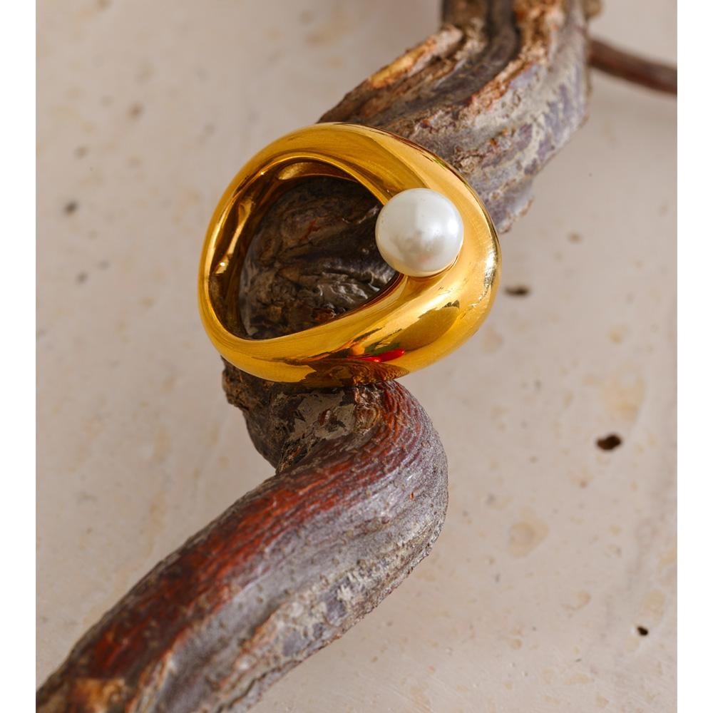 Eetit Glossy Stainless Steel Simulated Pearls Finger Ring Hypoallergenic Metal Minimalist Chic Jewelry Accessories