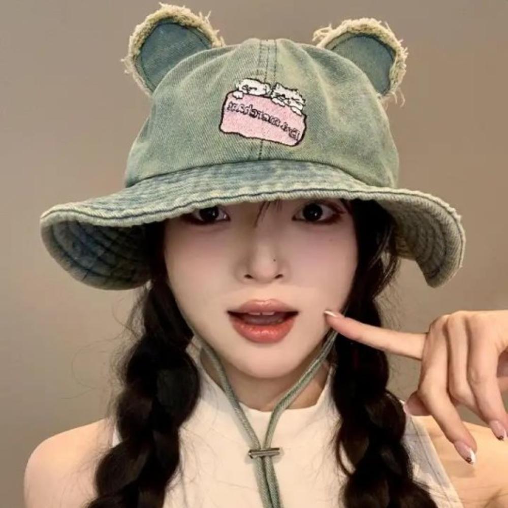 Шляпа-панама с широкими полями и медвежьими ушками, для походов и рыбалки, солнцезащитная, на шнуровке, джинсовая, кошачья, от солнца, для кемпинга