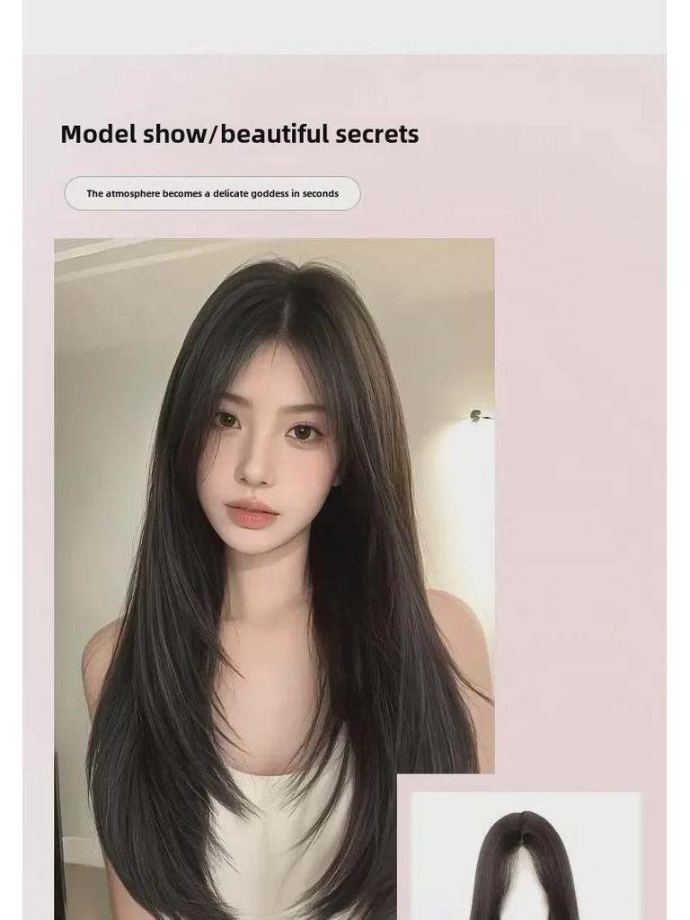 Seamless Fluffy Long Straight Hair Full Head Wig Set for Women